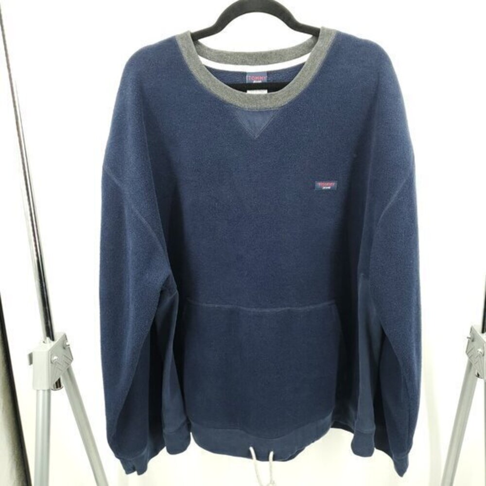 VTG Y2K Oversized Tommy Jeans Hilfiger Fleece Pullover Sweatshirt XL Blue/Gray